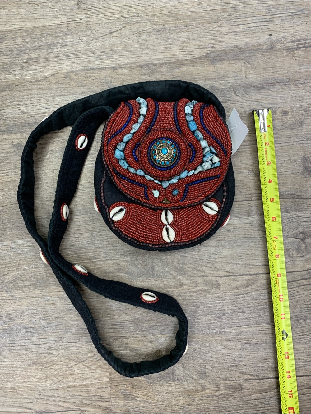 Tribal Tibetan Beaded Red and Black Crossbody Bag with Shell Accents